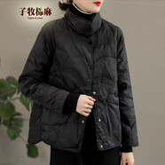 子牧棉麻冬裝 女純色刺繡棉服外套寬松休閑百搭輕薄保暖棉衣1997 黑色 M(建議110斤以內(nèi))