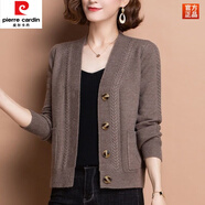 皮爾卡丹（pierre cardin）中年媽I媽毛衣開(kāi)衫外套女2025新款春秋寬松外搭純色洋氣針織上衣 深咖色 XL 建議115-130斤