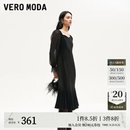 VEROMODA連衣裙秋季女裝新款天鵝絨拼接網(wǎng)紗魚(yú)尾長(zhǎng)裙鉆石領(lǐng)東方簡(jiǎn)奢風(fēng) 紗袖絲絨裙-黑色 M