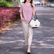 可茵（Keyin）休閑褲女裝套裝2025年夏季新款通勤減齡百搭上衣寬松九分褲子女 粉色套裝 XL