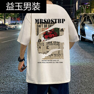 淑離珂紛復古印花t恤男 美式潮牌2024新款寬松半袖港風復古重磅體恤衫 白色 M