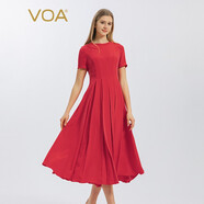 VOA30姆米重磅桑蠶絲圓領(lǐng)自然腰短袖對絲工藝百褶大擺連衣裙 AE1350 夢想紅（H06） L