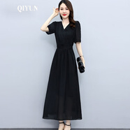 QIYUN品牌女裝 新款天絲連衣裙女2024年新款夏季品牌高端歐貨氣質(zhì)長裙 黑色 2XL 【建議125-135斤】