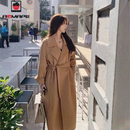 AEMAPE毛呢外套女2025春秋韓版寬松系帶加厚雙面絨百搭顯瘦長款大衣女 駝色  M _建議115-125斤