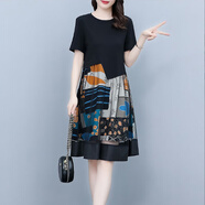 桂雪格休閑短袖中長(zhǎng)款連衣裙女裝2024夏季新款高腰寬松顯瘦拼接碎花裙子 黑色 XL （105-125斤）