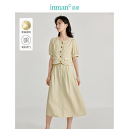 茵曼（INMAN）亞麻半身裙套裝2025夏季女裝新款簡(jiǎn)約松緊高腰顯瘦短上衣裙子 米杏色 M