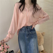 她寓針織長(cháng)袖女夏季2023新款韓版寬松薄款鏤空純色外搭開(kāi)衫上衣 粉色