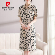 皮爾卡丹仿真絲連衣裙女2025夏季新款寬松襯衫領(lǐng)雪紡短袖碎花 米色 3XL