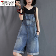 啄木鳥(niǎo)減齡牛仔背帶褲女韓版2024夏季新款高腰顯瘦吊帶連體褲闊腿短褲潮 藍色 M【-115斤】