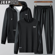 JEEP SPIRIT吉普衛(wèi)衣男士運動套裝外套春秋冬季休閑褲長褲子三件套上衣服男裝 黑灰 XL -(125斤-140斤)