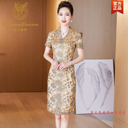 鹿王戀雪高檔品牌女裝中年婦女時(shí)尚套裝裙春夏裝高端喜婆婆婚宴婚禮媽媽禮服香檳色旗袍連衣裙大尺碼 香檳色V領(lǐng)短袖單獨(dú)裙子 3XL 建議130-140斤