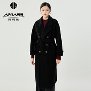 阿瑪施（AMASS）女裝雙排扣廓形質(zhì)感羊毛中長(cháng)款毛呢大衣外套女（附腰帶）5400861 黑色 S (2)