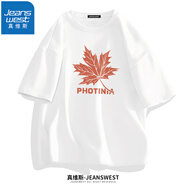 真維斯（JEANSWEST）純棉短袖t恤男夏季時(shí)尚百搭T恤衫青少年學(xué)生半袖寬松情侶上衣服c 白色（楓葉橙） M (推薦體重100斤-110斤左右)