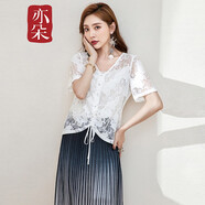 亦朵夏白色重工釘珠T恤女短袖寬松鏤空蕾絲時尚小衫 白色 M