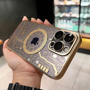 韻寧 磁吸充電3D線路板適用蘋果15promax手機殼電鍍帶鏡頭膜iphone14高級感新款保護殼 磁吸款-【金色】護鏡電鍍3D線路板硬殼 iPhone15