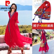 皮爾卡丹（pierre cardin）沙漠旅游拍照超大擺民族風(fēng)紅色連衣裙新疆青海湖波西米亞長(cháng)裙紅裙 紅裙子+格?；ù汤C披肩 3XL