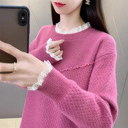 純邇半高領(lǐng)毛衣女蕾絲拼接釘珠套頭針織衫款加厚內(nèi)搭甜美風(fēng)百搭上衣女 玫紅色 M(100-110)