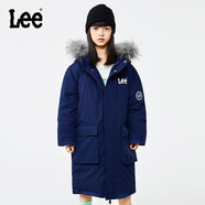 Lee大毛領(lǐng)連帽厚款保暖防風(fēng)羽絨服兒童冬季保暖中長款潮男童女童外套 藏青色 160