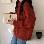 ANGEL MOOD春秋新款新年紅色毛衣女秋冬外穿寬松復古麻花圓領慵懶套頭毛衣女 紅色 L