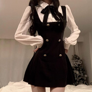 妙奕嘉純欲長袖連衣裙女裙子黑色衣服女裝新品春秋季新款小個子氣質高級 假兩件雙排扣蝴蝶結絲帶連衣裙 XL 【建議115-130斤】