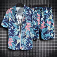 狄帝鯊夏季速干夏威夷短袖花襯衫套裝男百搭痞帥情侶沙灘海邊搭配兩件套 T3023套裝-藍(lán)色 XL