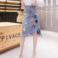 夏季新款韓版高腰牛仔半身裙刺繡花中長(cháng)裙流蘇破洞規則裙子女 深藍色流蘇裙 XL【120-135斤左右】