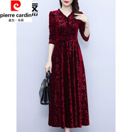 皮爾卡丹（pierre cardin）金絲絨長袖連衣裙女春秋季新款高貴時尚洋收腰顯瘦氣質(zhì)打底裙子 紅色 M