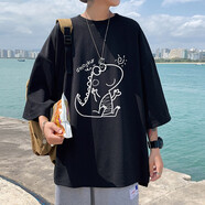 執琴之手夏季新款冰絲七分袖T恤男潮流胖子寬松上衣服韓版休閑中袖體恤男 Q11172黑色 XL