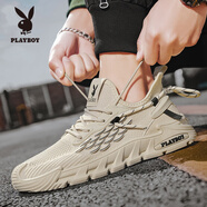 花花公子網(wǎng)面男鞋夏季透氣2026新款跑步鞋子男飛織男士運動(dòng)休閑潮鞋 米色 40