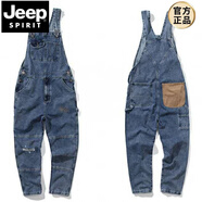 JEEP SPIRIT潮牌大碼吊帶褲男春秋牛仔背帶褲寬松休閑老爹闊腿連體褲男女同款 藍色 001藍色吊帶褲 XS (95-105斤穿)