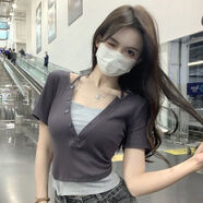 蘭威費雷假兩件掛脖上衣女辣妹v領(lǐng)夏新款正肩設計感小眾拼接短袖t恤女 灰色拼白【版】 L 【建議106-116斤】