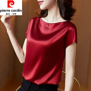 皮爾卡丹（pierre cardin）真絲短袖T恤女夏季新款時尚洋氣寬松小衫氣質(zhì)高端桑蠶絲上衣顯瘦 車厘子紅《歐貨感內(nèi)搭上衣減齡今 L (110-120斤)