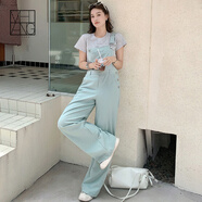 美洋（MEIYANG）漫畫(huà)少女背帶褲匹馬棉混紡休閑減齡闊腿長(cháng)褲連體褲夏季新款牛仔褲 薄荷綠（短版） M