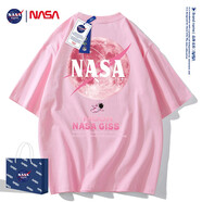 NASA GISSNASA2023新款白色圓領(lǐng)t恤男純棉100落肩袖寬松短袖體恤衫情侶 3001亮粉色 2XL 建議160-175斤