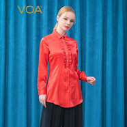 VOA19姆米緞面絲綢POLO領(lǐng)木耳邊拼接單排扣微彈長(zhǎng)袖襯衫女 B3090 西瓜紅（H32） L