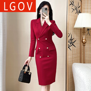 LGOV女裝旗艦店紅色西裝領(lǐng)連衣裙女修身包臀氣質(zhì)感通勤OL輕奢禮服秋冬裝新款 紅色 S