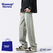 WASSUP HERMU官方復(fù)古牛仔褲男女春夏季美式寬松高街直筒水洗做舊男士休閑褲子 泥黃色 XL （推薦145-160斤）