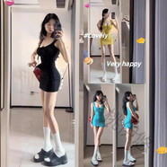 桃伊悠（taoyiyou）辣妹高腰抽繩蝴蝶結U領(lǐng)背心純欲包臀短裙顯瘦梨形身材穿搭連衣裙 湖藍色 M