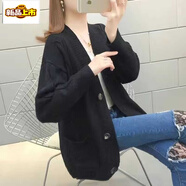 初徑秋冬新款慵懶風(fēng)V領(lǐng)中長(zhǎng)款麻花毛衣外套女純色百搭大口袋針織開(kāi)衫 黑色 S