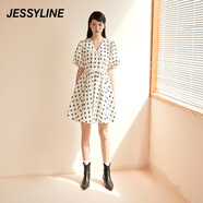 Jessy line杰茜萊時尚v領(lǐng)印花收腰連衣裙女夏季新款顯瘦裙子 商場同款 黑間米 XS/155