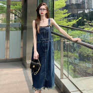 junfangya流蘇牛仔背帶裙2024女裝新款法式設(shè)計時尚洋氣中長款裙子夏季 深藍(lán)色 S