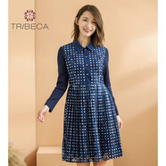 TRIBECA/翠貝卡 秋季新款時(shí)尚顯瘦長(cháng)袖百褶連衣裙 藏蘭 M