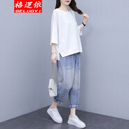 格邏依 純棉短袖t恤女寬松2022年夏季新款韓版bf休閑百搭慵懶風(fēng)潮流減齡顯瘦半袖上衣服女 5036白上衣+牛仔褲【套裝】 3XL【建議140-160斤】