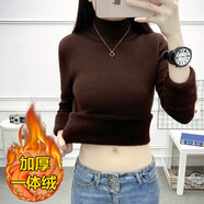 閱櫻針織衫女高領(lǐng) 2021年秋冬新款女裝上衣韓版修身顯瘦加絨加厚針織一體絨打底衫內搭長(cháng)袖毛衣女士衣服 深棕色 M(90-100斤)
