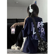 LDBE純棉短袖t恤女夏季美式復(fù)古oversize慵懶寬松設(shè)計感小眾半袖上衣 藏青色【純棉重磅260g】 L （100-120斤）