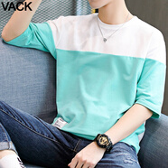 VACK夏季男裝短袖T恤男寬松半袖青少年男生五分袖男士t恤打底衫衣服男 706湖藍 L (105-115斤)