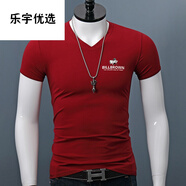 悠曼婭夏日V領(lǐng)短袖男士T恤純棉夏天印花修身彈力緊身半袖打底衫上衣T恤1 紅色 2XL【160斤左右穿】