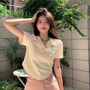 翊尚美短袖t恤女夏季棉質(zhì)短款正肩翻領(lǐng)polo衫女裝新款甜辣風修身上衣 8428杏色V領(lǐng)【棉質(zhì)薄款】 M 【適合95-105斤】