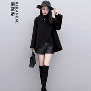 佰藍嬌 毛呢外套女短款2021冬裝新款秋冬季時(shí)尚女裝韓版寬松女士小個(gè)子斗篷呢子大衣冬天毛呢大衣短外套 黑色 M