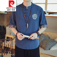 皮爾卡丹（pierre cardin）亞麻短袖t恤男中國風男裝刺繡胖子大碼夏季半袖復(fù)古棉麻衣服 YM51 藏青色 2XL 【參考體重145-160斤】